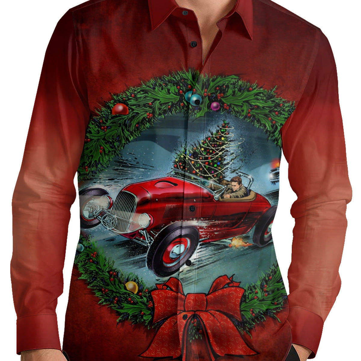 Vintage Hot Rod Art Christmas Men's Shirt Long Sleeve Button Up Shirt