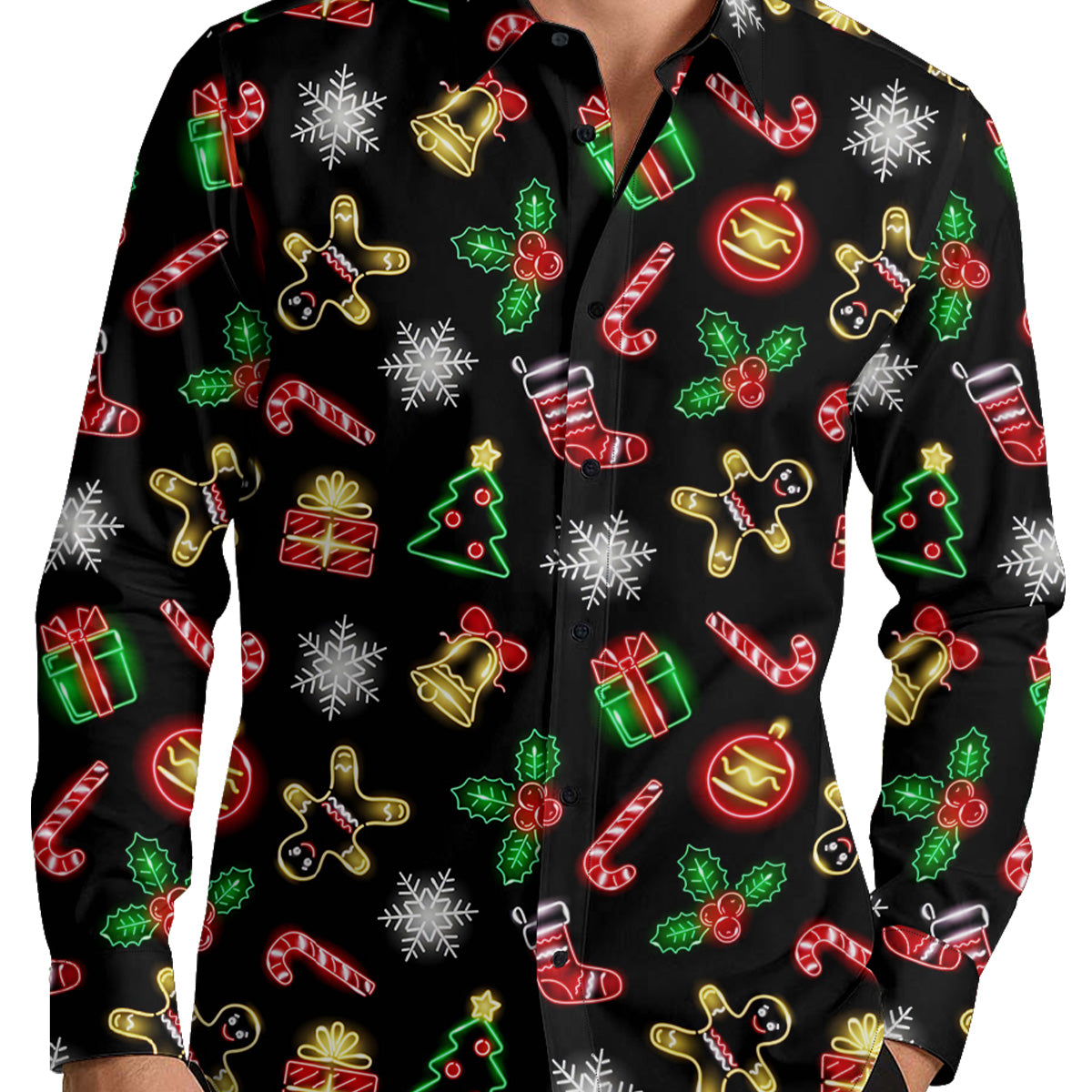 Neon Snowflakes Christmas Men's Shirt Long Sleeve Button Up Shirt