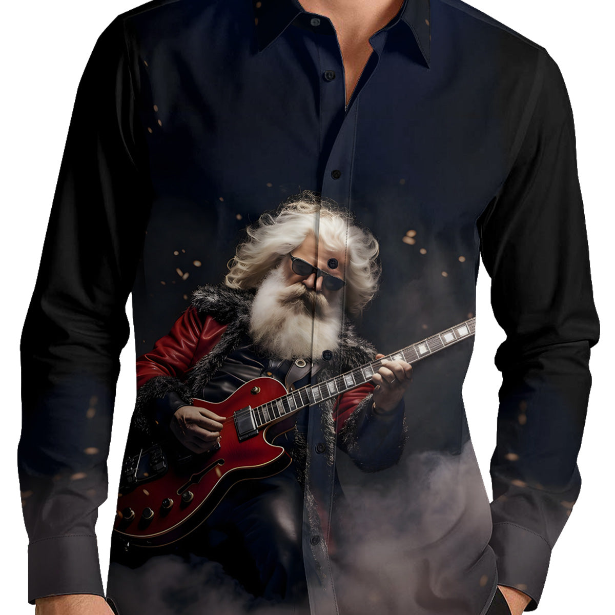 Rock Santa Claus Playing Guitar Men's Shirt Long Sleeve Button Up Shirt