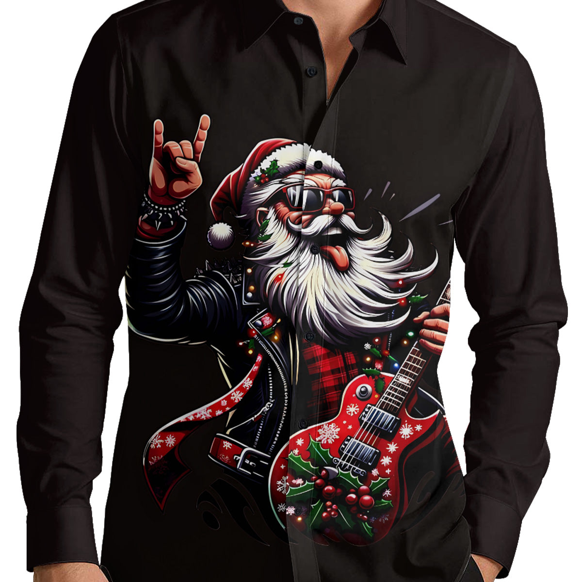 Christmas Guitar Santa Art Men's Shirt Long Sleeve Button Up Shirt