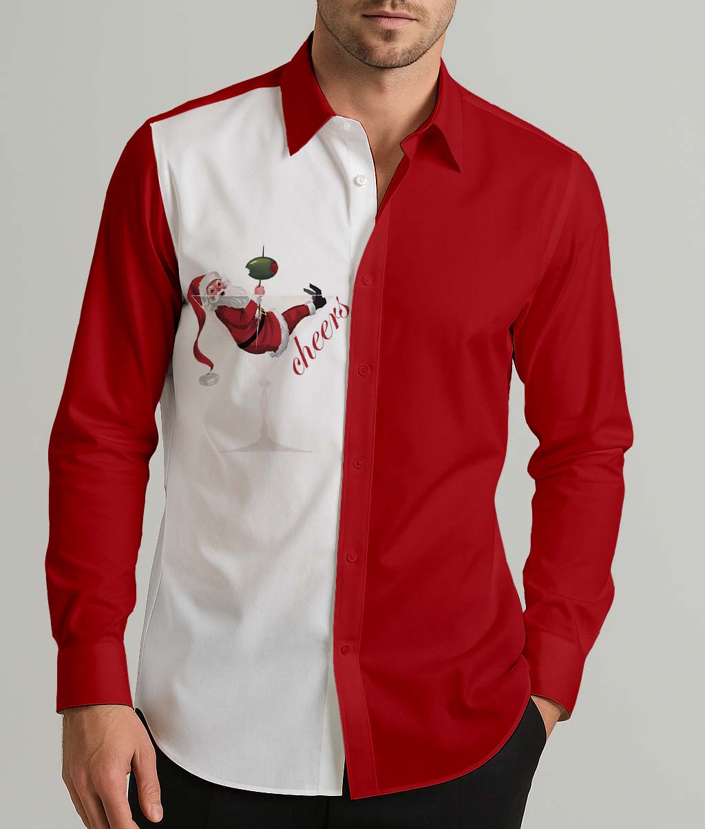 Cheers Santa Christmas Men's Shirt Long Sleeve Button Up Shirt