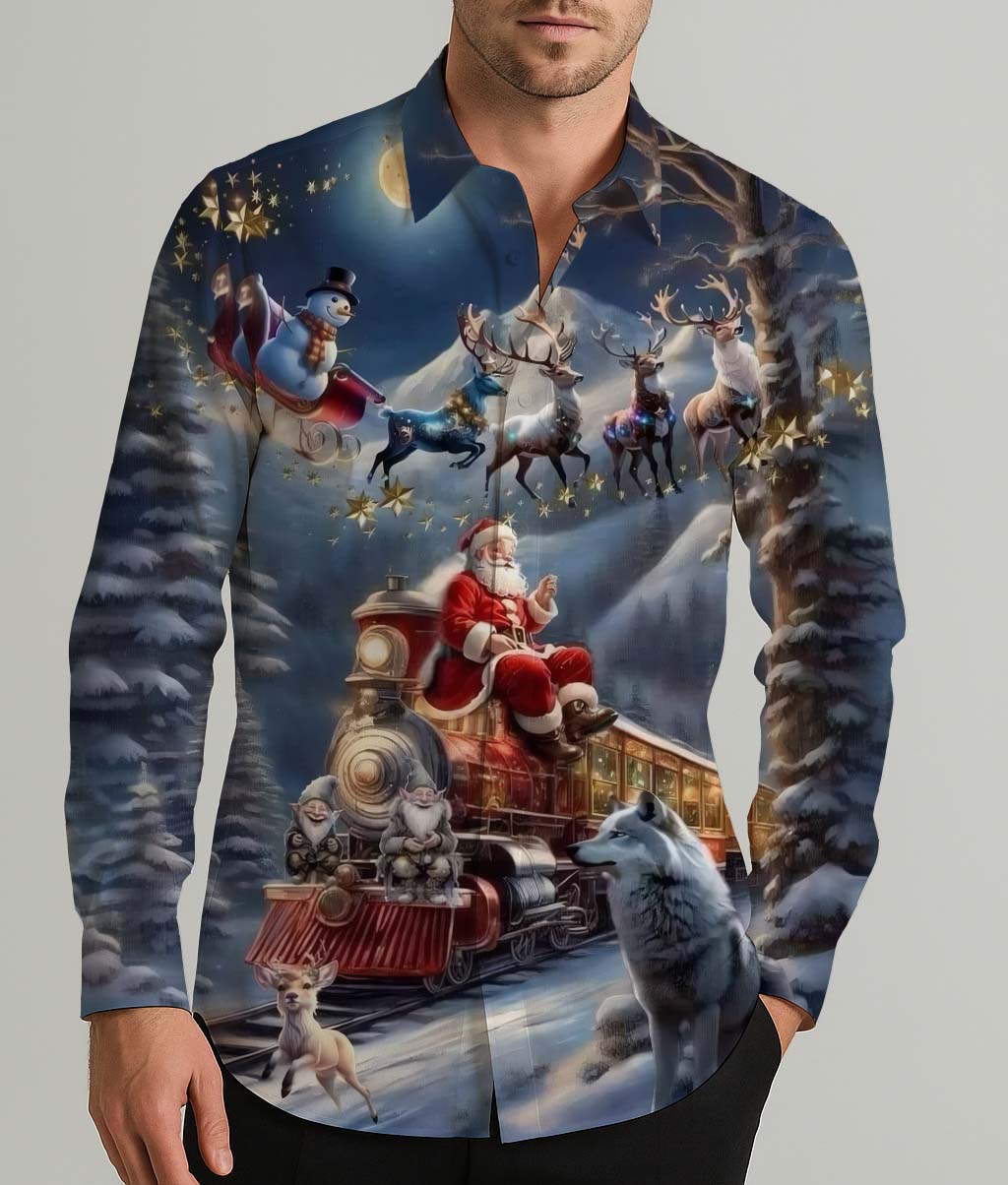 Santa Claus Train Men's Shirt Long Sleeve Button Up Shirt