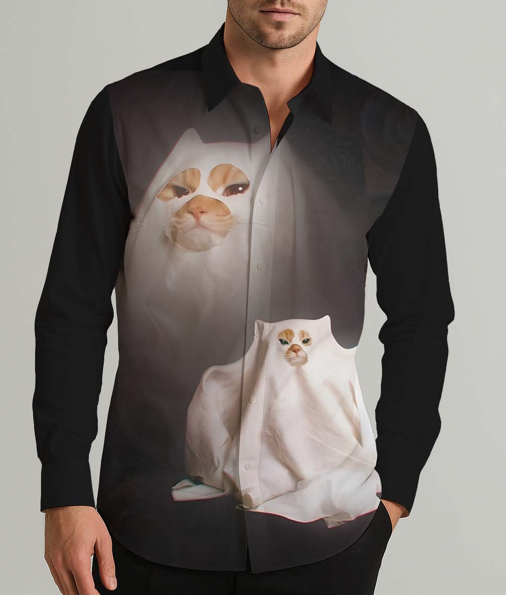 Funny Ghost Kitten Men's Shirt Long Sleeve Button Up Shirt