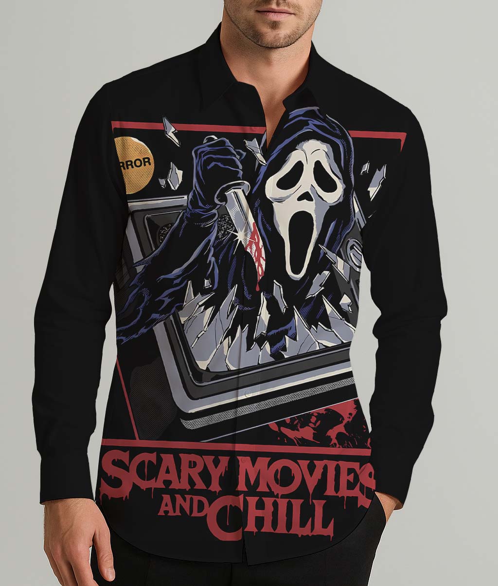 Scary Movie and Chill Men's Shirt Long Sleeve Button Up Shirt