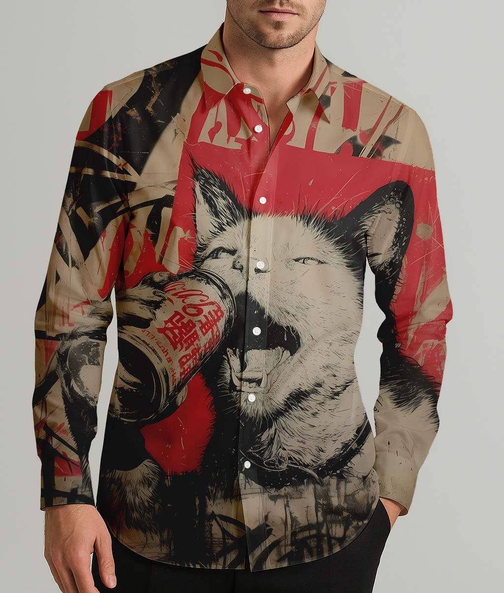 The Beer-Drinking Cat Men's Shirt Long Sleeve Button Up Shirt