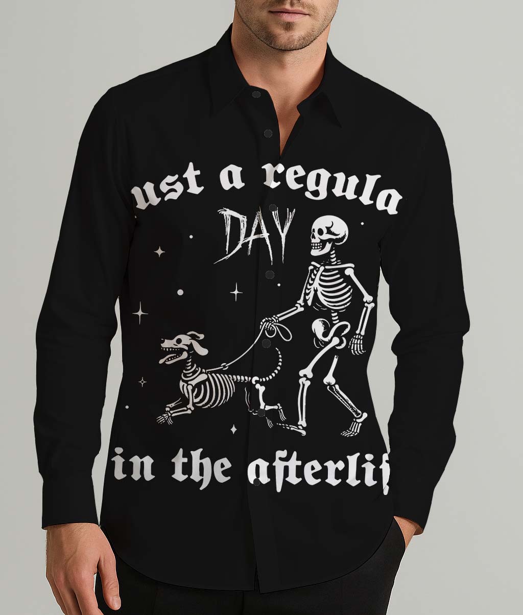 Halloween Skeleton Dog Men's Shirt Long Sleeve Button Up Shirt