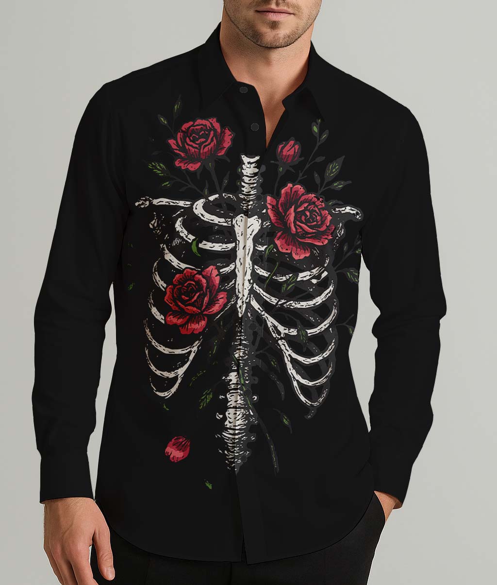 Skeleton Ribcage Rose Men's Shirt Long Sleeve Button Up Shirt