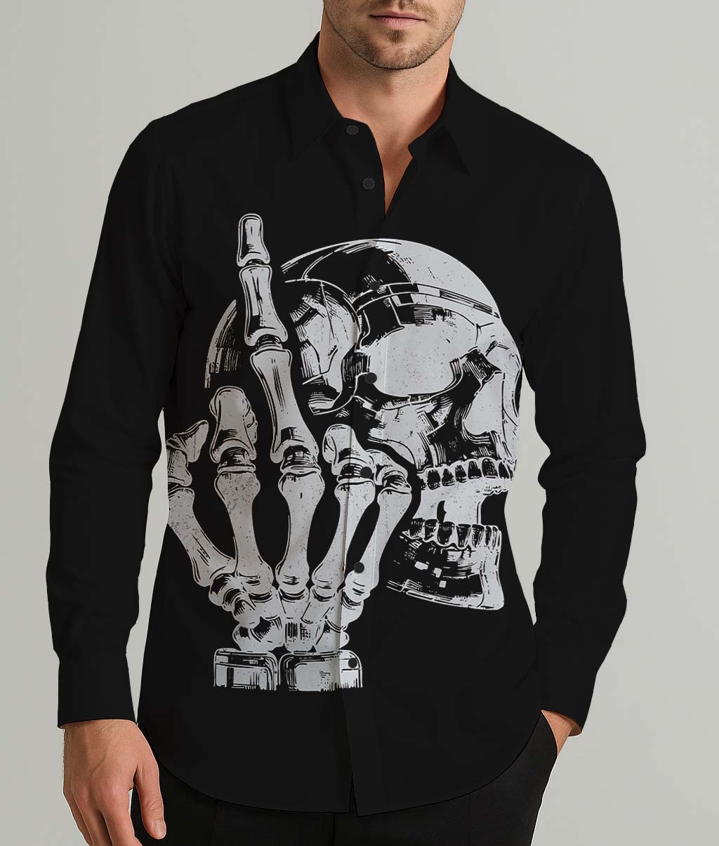 Edgy Skull with Skeleton Hand Men's Shirt Long Sleeve Button Up Shirt