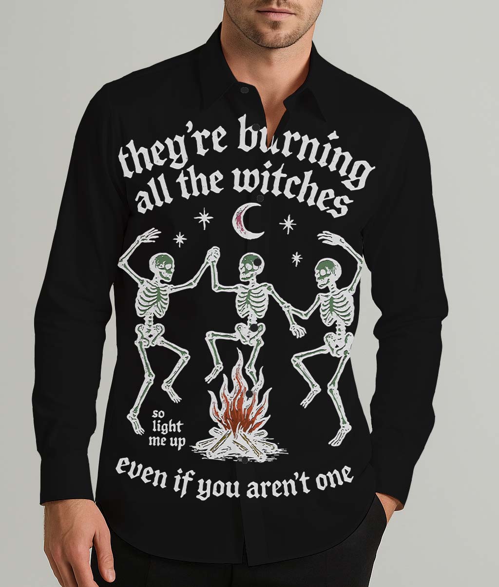 Vintage Skeleton Witch Men's Shirt Long Sleeve Button Up Shirt