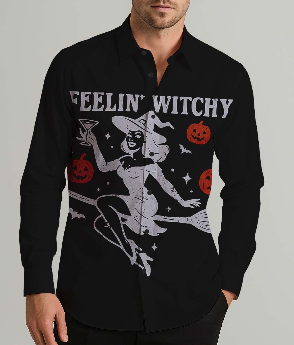 Retro Witch Halloween Men's Shirt Long Sleeve Button Up Shirt