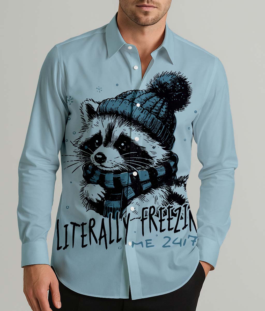 Raccoon Christmas Vibes Men's Shirt Long Sleeve Button Up Shirt