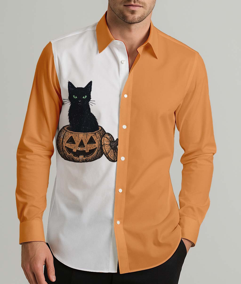 Black Cat In Pumpkin Men's Shirt Long Sleeve Button Up Shirt