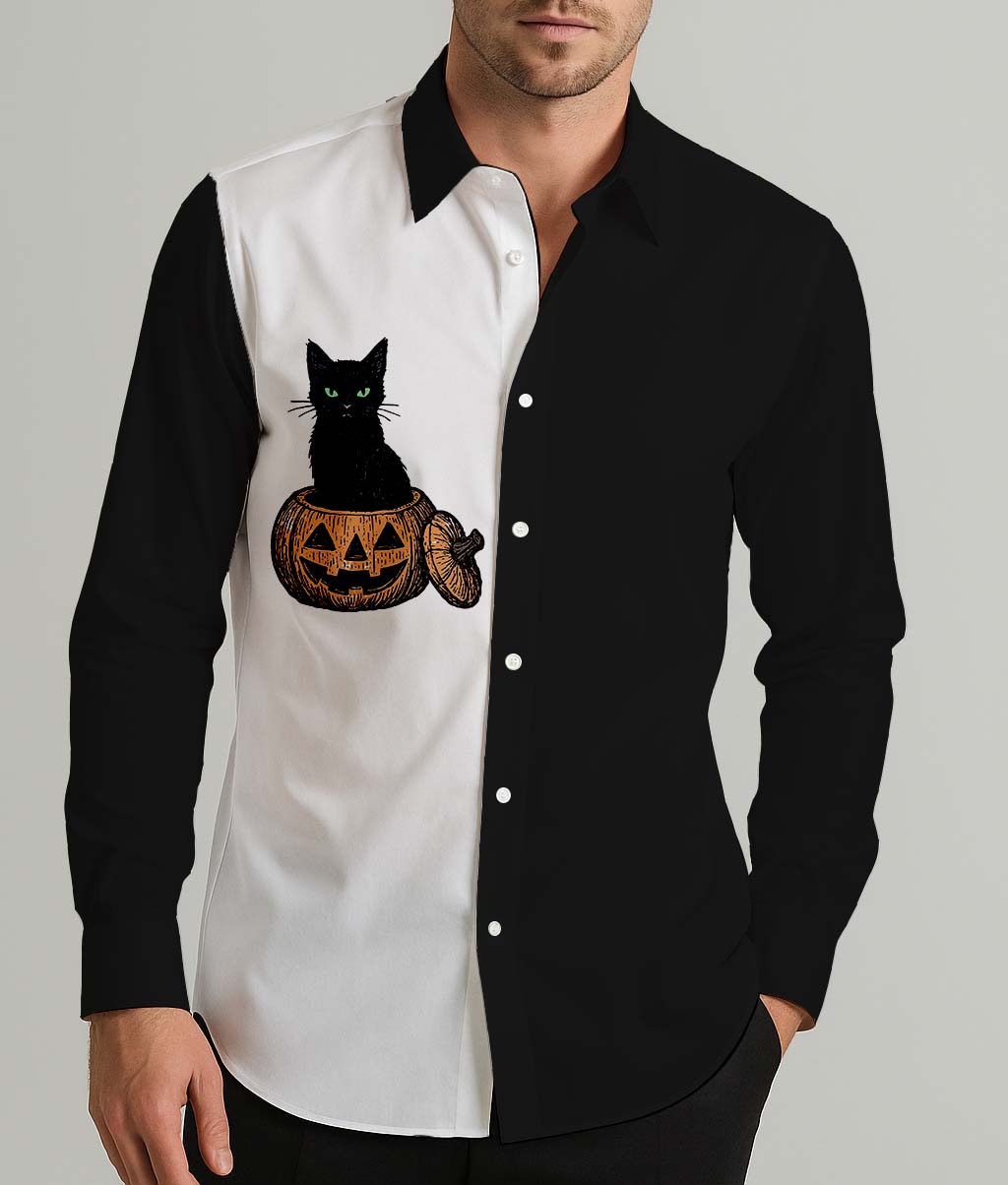 Black Cat In Pumpkin Men's Shirt Long Sleeve Button Up Shirt