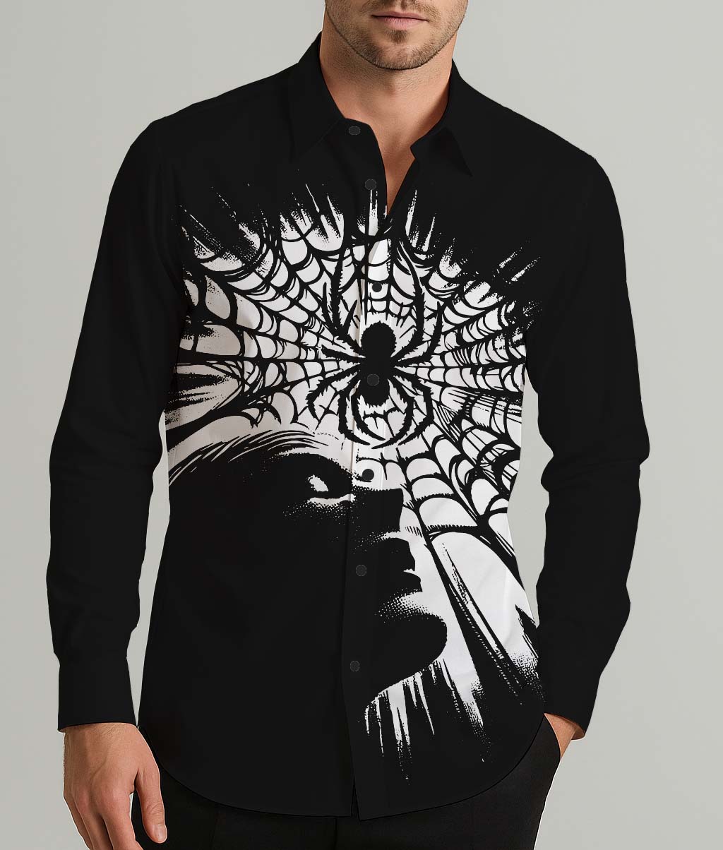Helloween Spider Web Art Men's Shirt Long Sleeve Button Up Shirt
