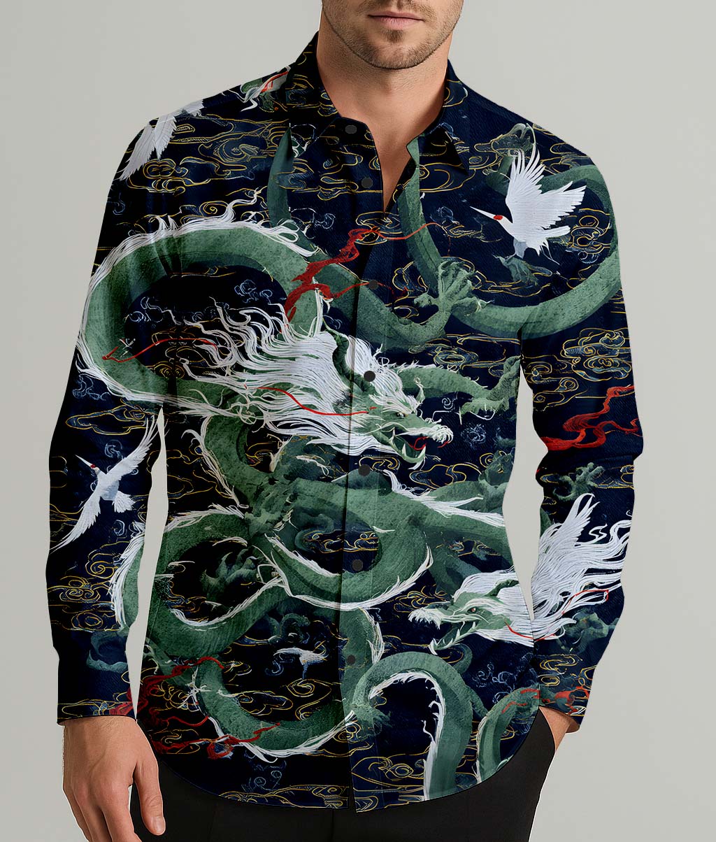 Green Oriental Dragon Men's Shirt Long Sleeve Button Up Shirt