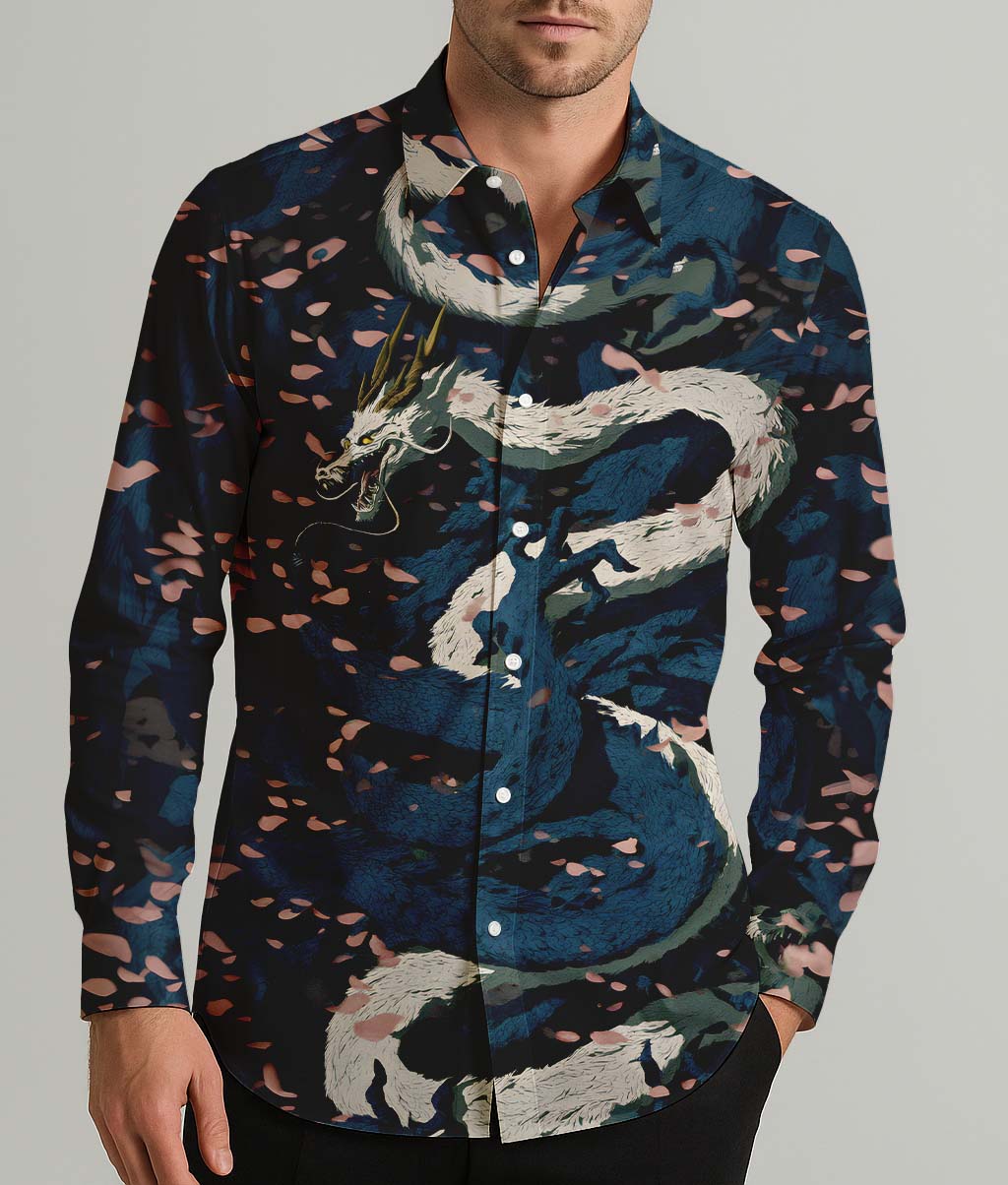 Blue White Dragon Men's Shirt Long Sleeve Button Up Shirt