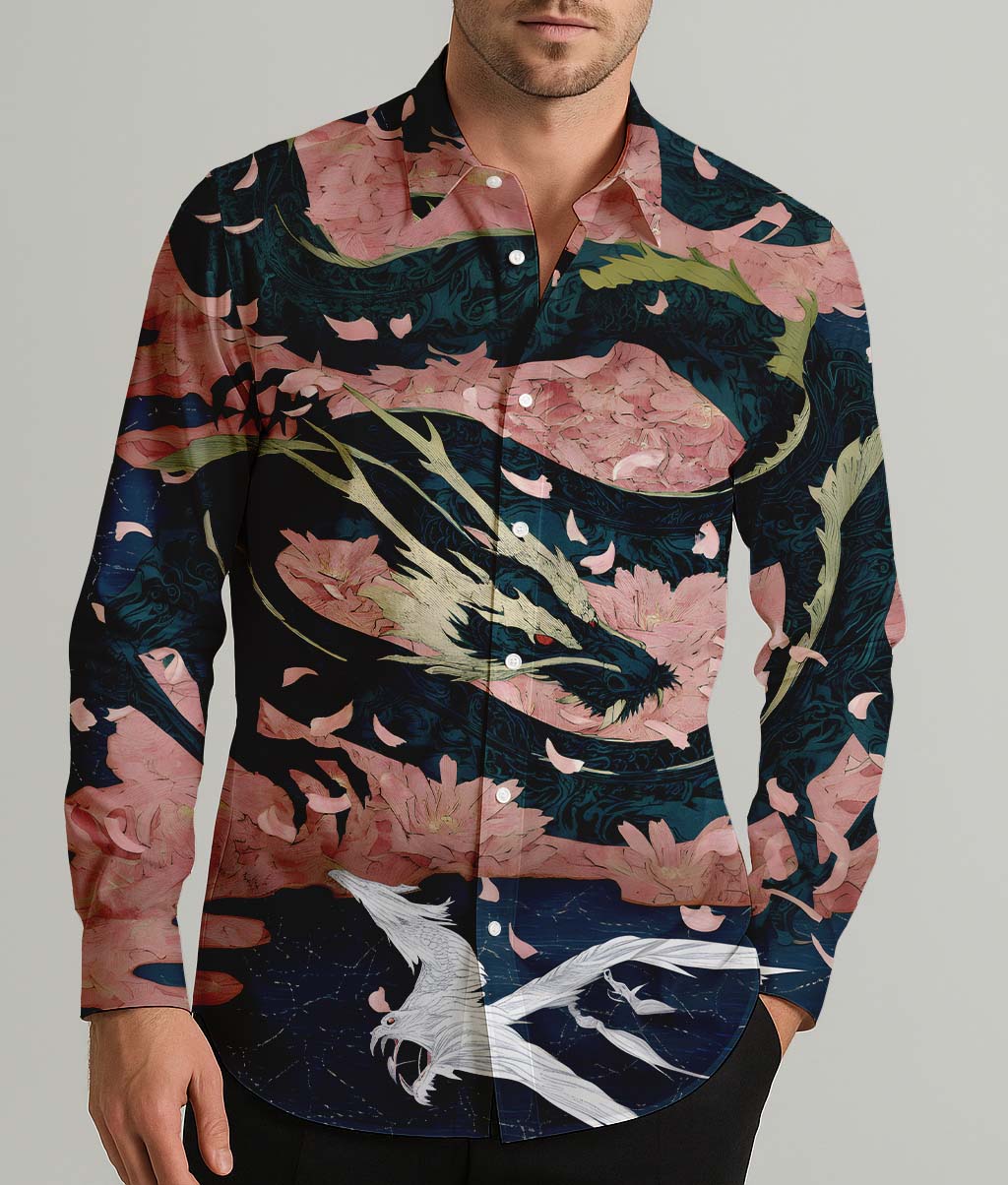 Sakura Dragon Men's Shirt Long Sleeve Button Up Shirt