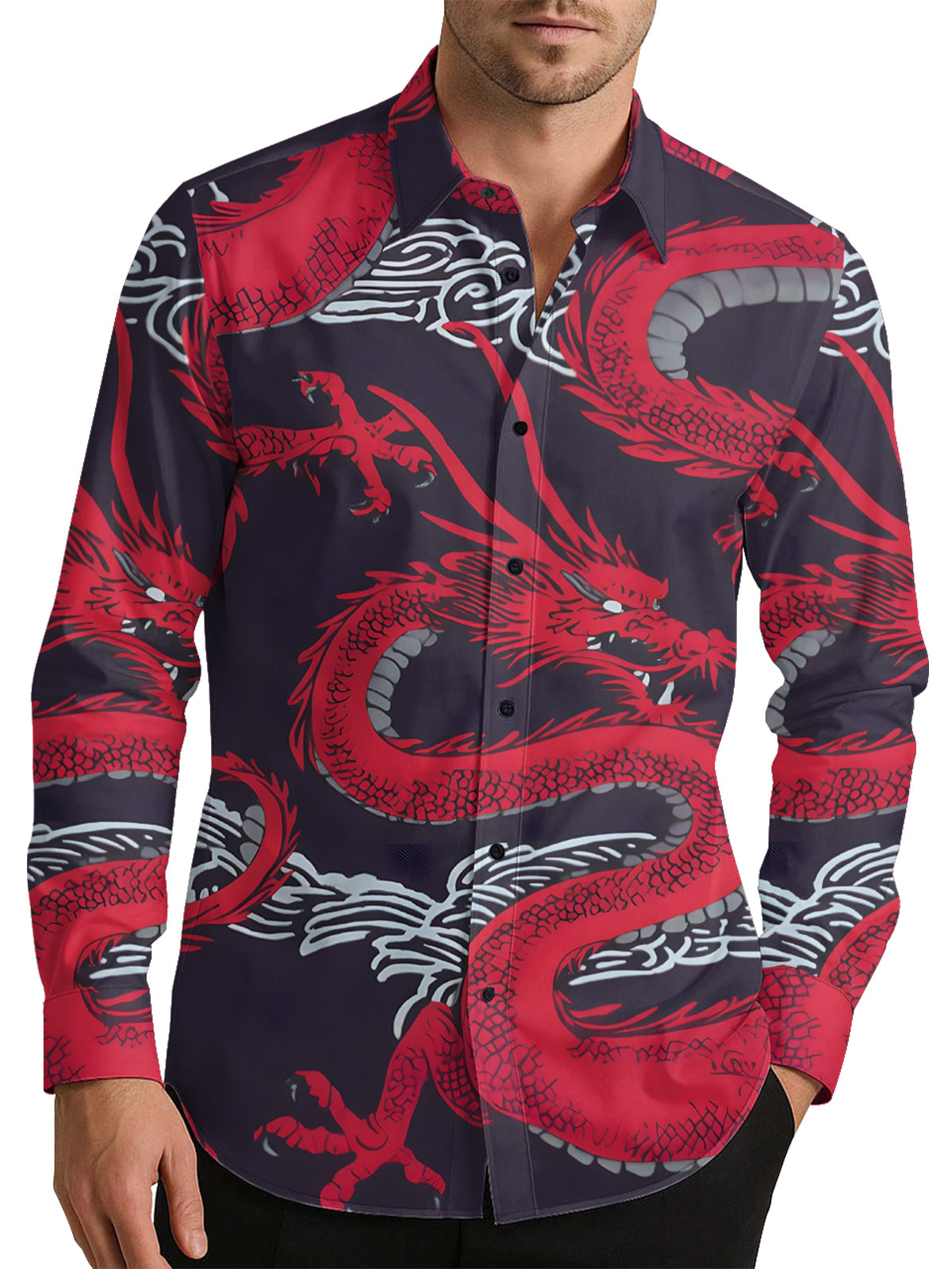 Red Dragon Men's Shirt Long Sleeve Button Up Shirt