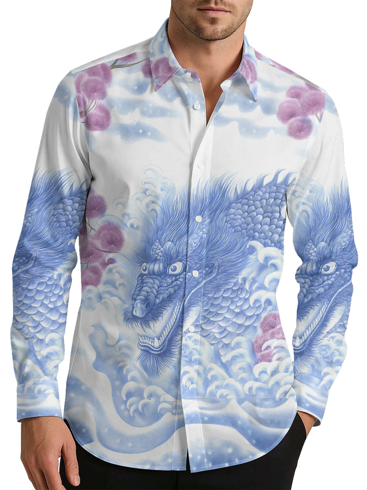 Ukiyo-e Dragon Men's Shirt Long Sleeve Button Up Shirt