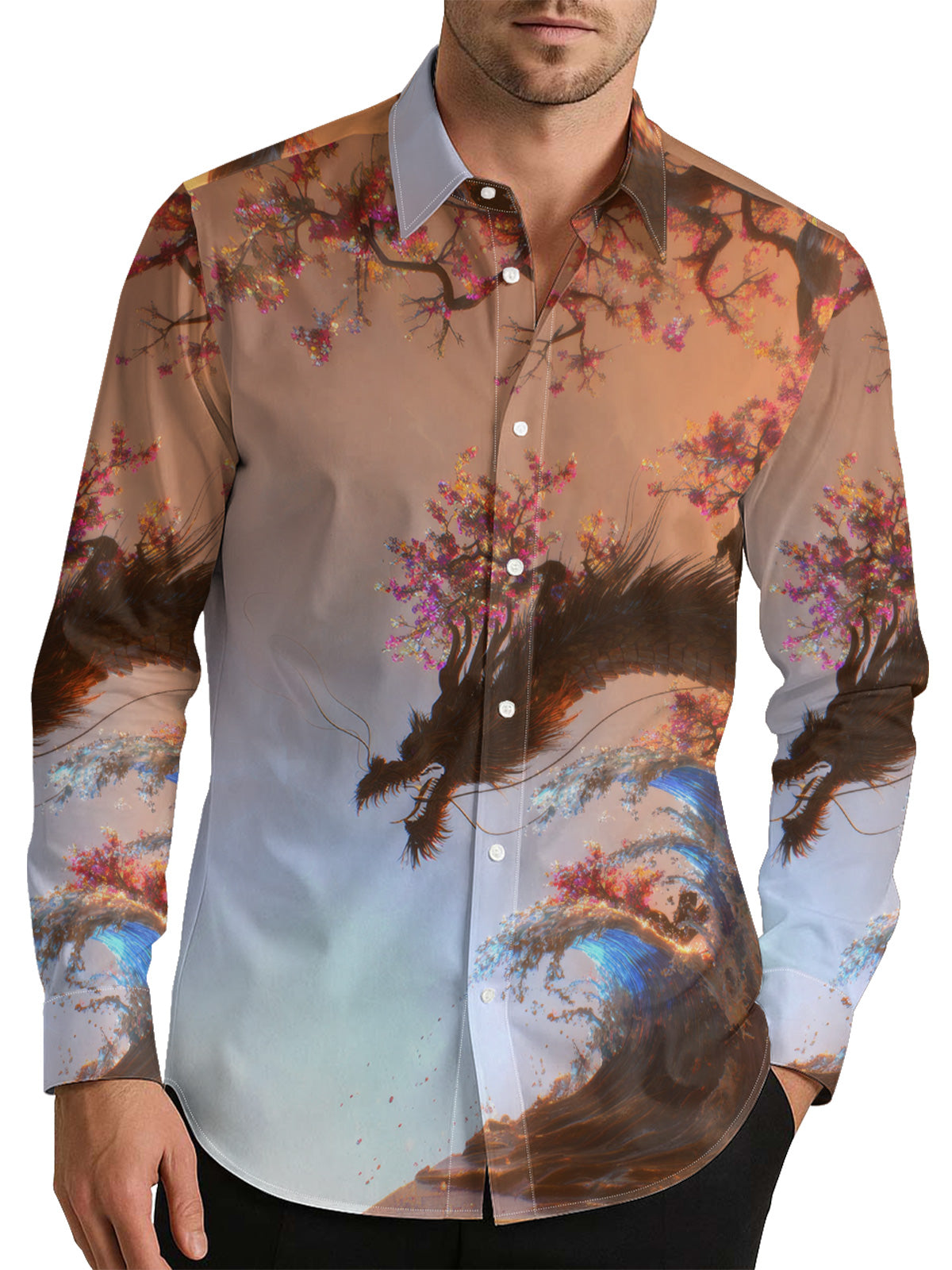 Dragon and Blossom Tree Men's Shirt Long Sleeve Button Up Shirt