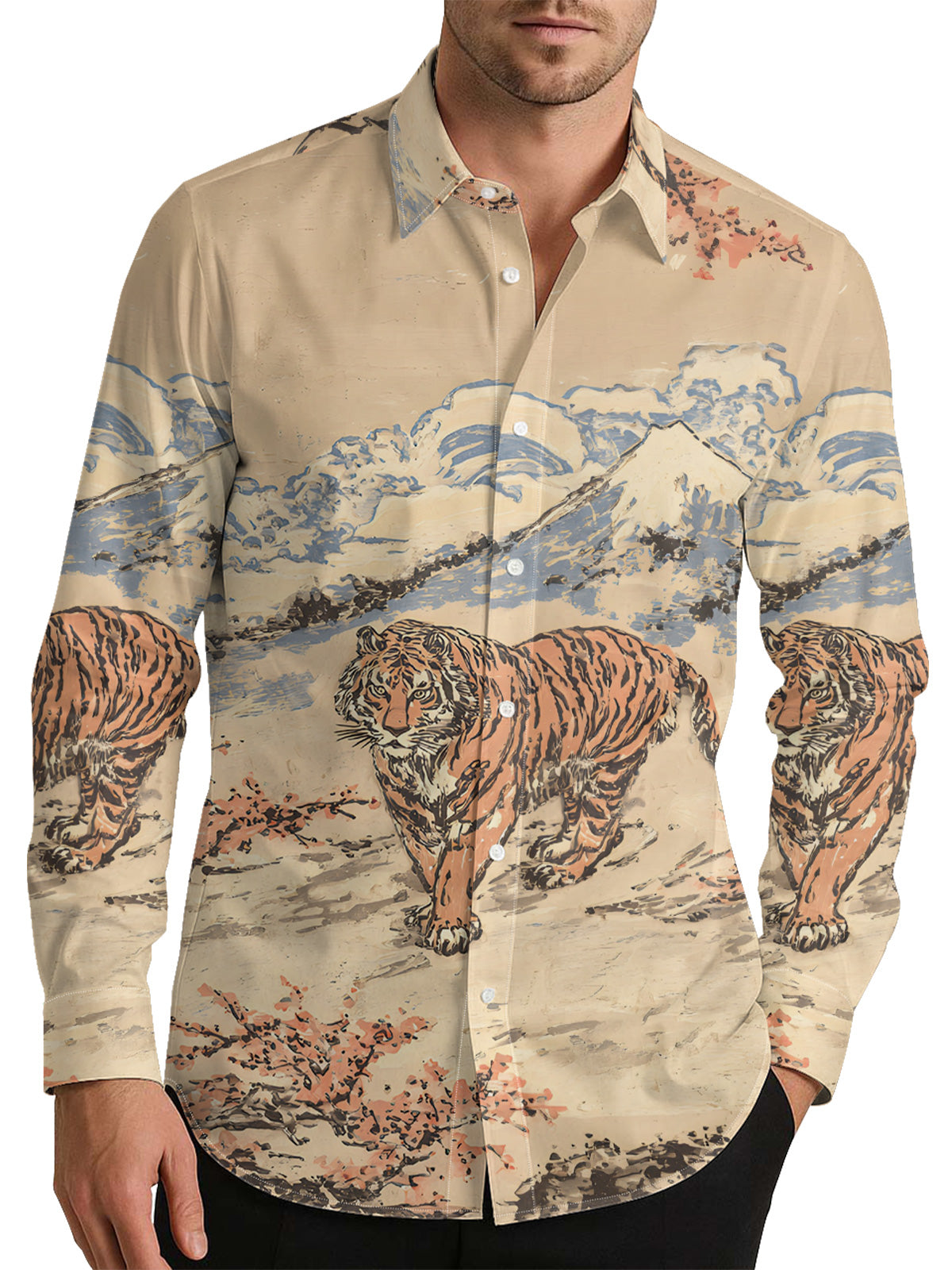 Ukiyo-e Tiger Men's Shirt Long Sleeve Button Up Shirt