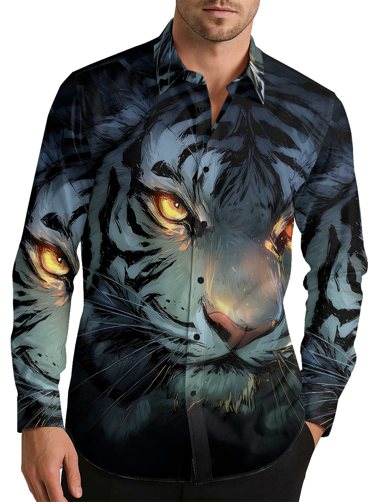 Dark Night Tiger Men's Shirt Long Sleeve Button Up Shirt