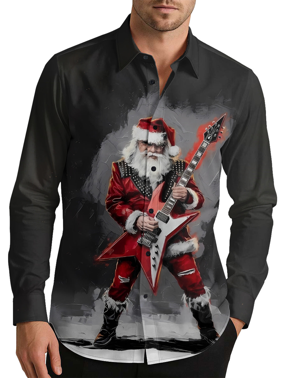Rockin' Santa Men's Shirt Long Sleeve Button Up Shirt