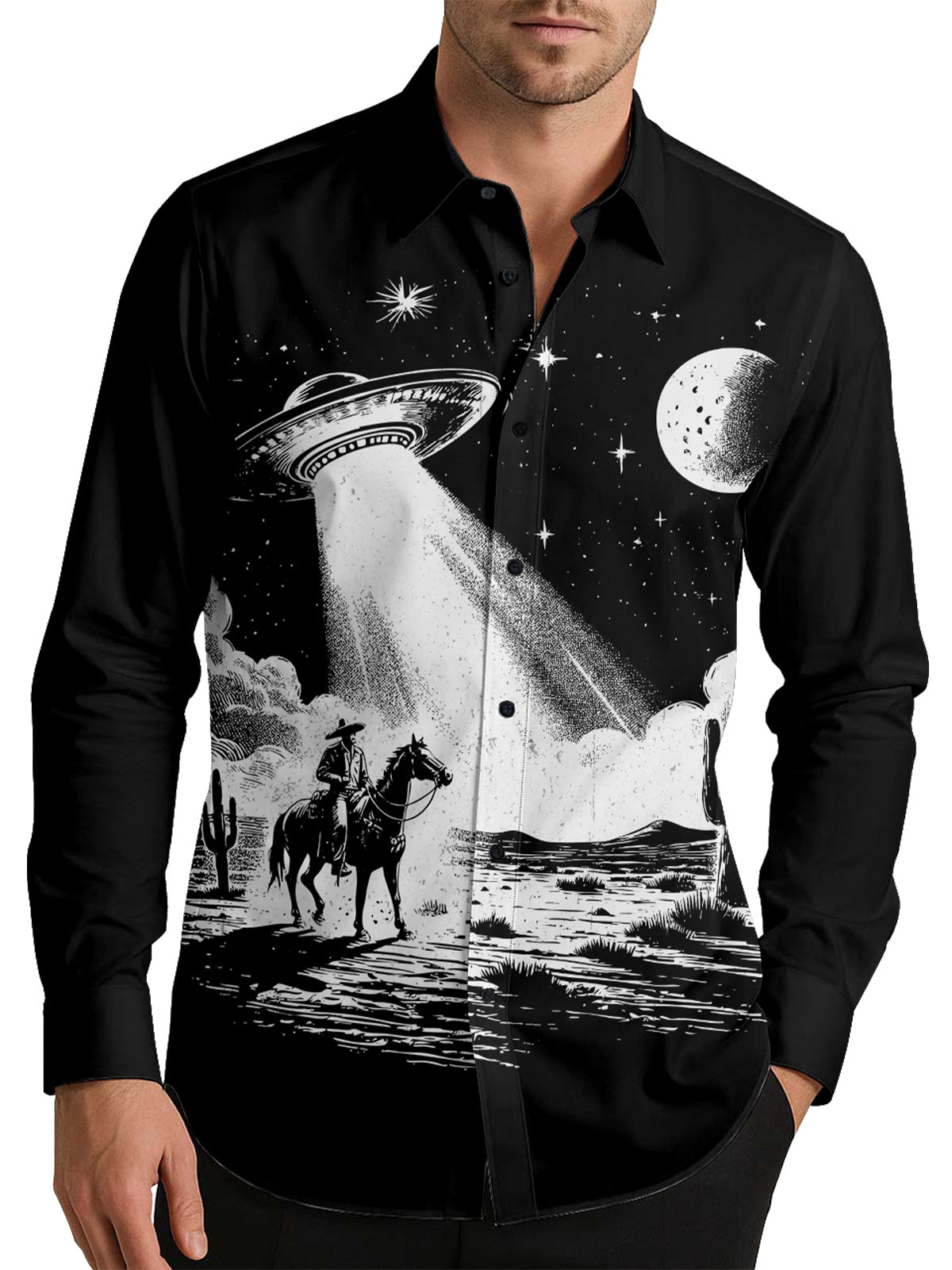 Western Cowboy UFO Men's Shirt Long Sleeve Button Up Shirt