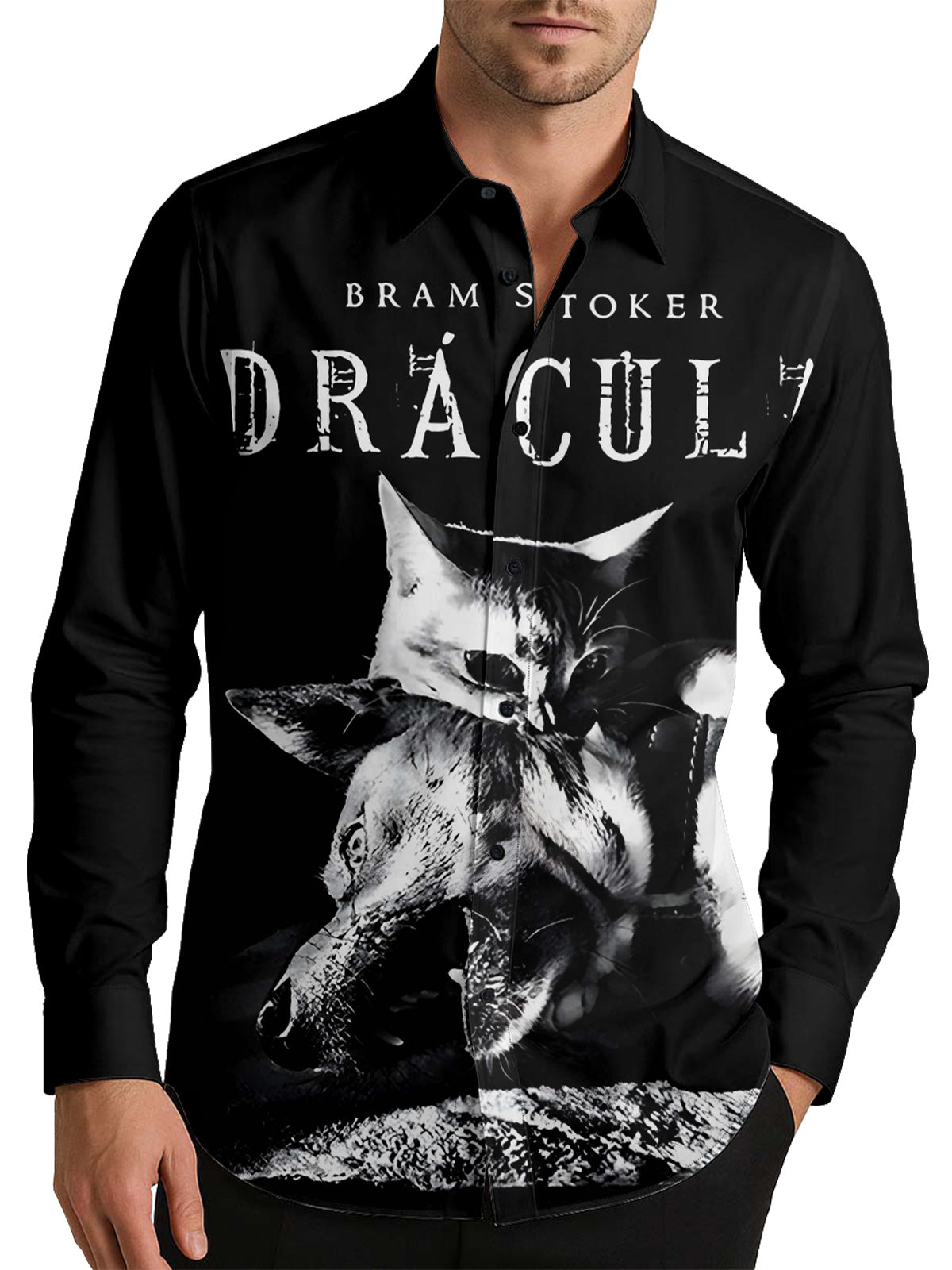 Dracula Cat Men's Shirt Long Sleeve Button Up Shirt