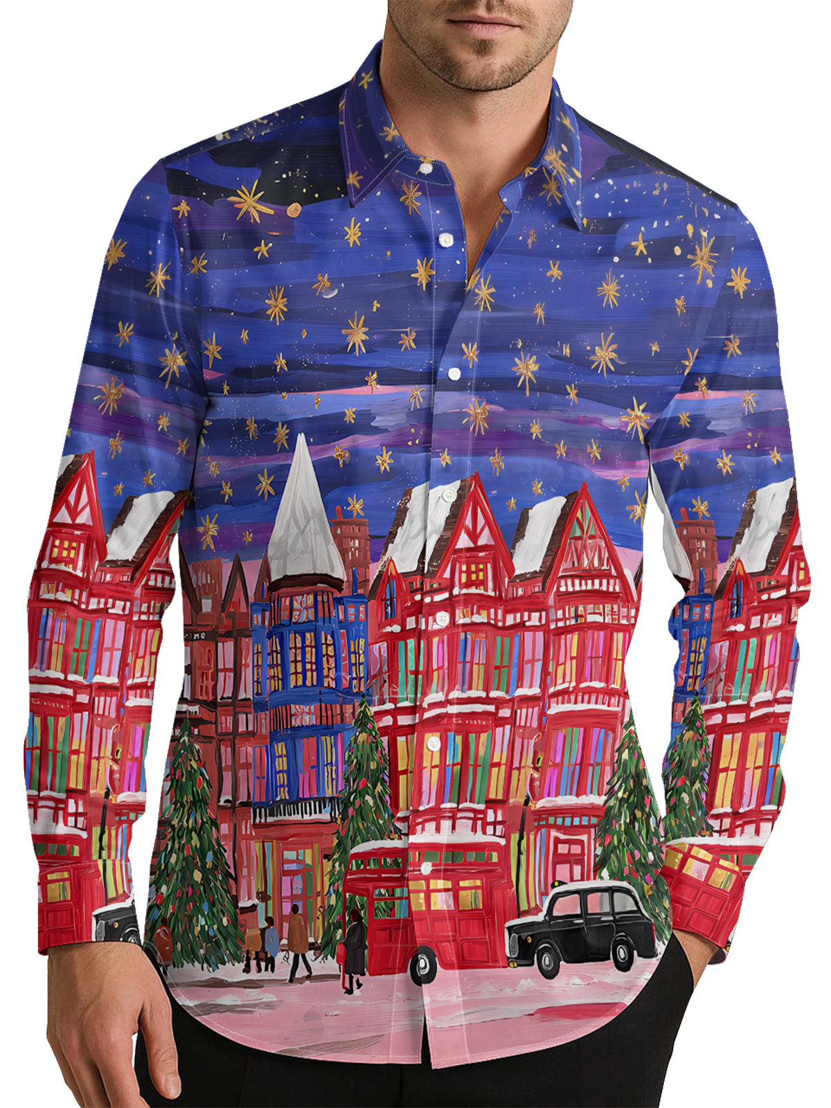 London Christmas Night Oil Painting Men's Shirt Long Sleeve Button Up Shirt