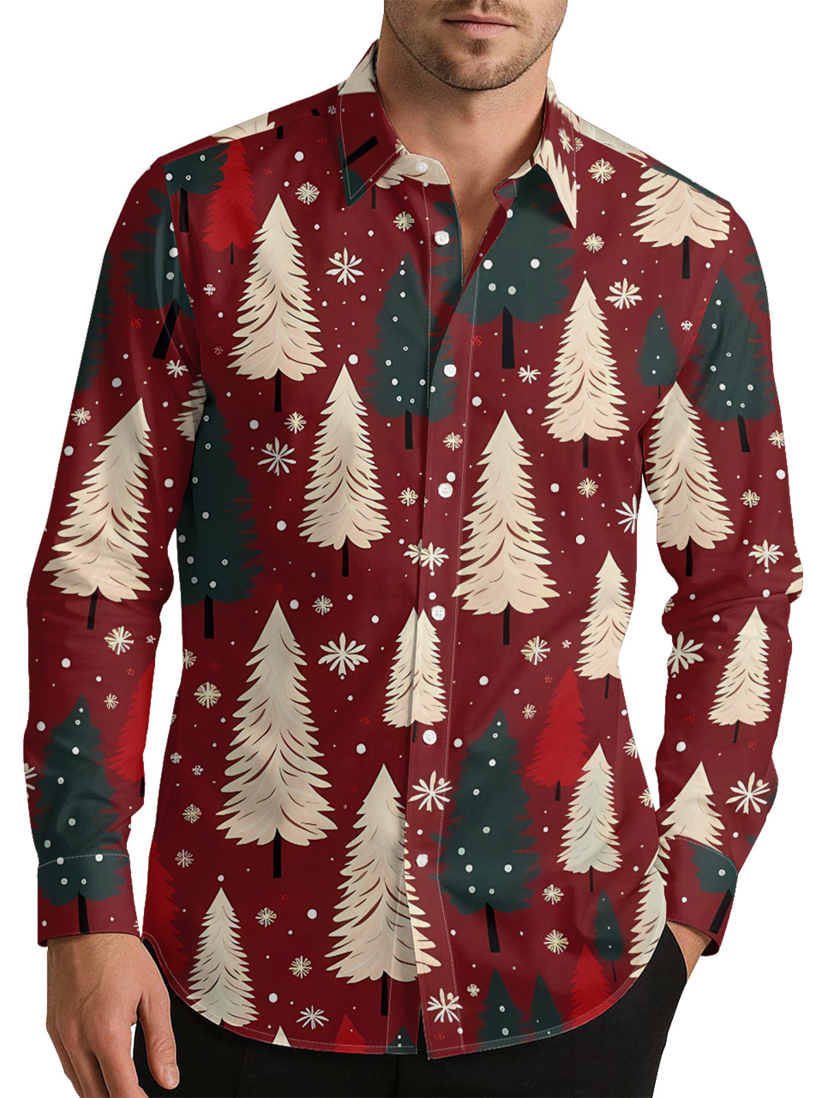 Christmas Trees and Snowflakes Men's Shirt Long Sleeve Button Up Shirt
