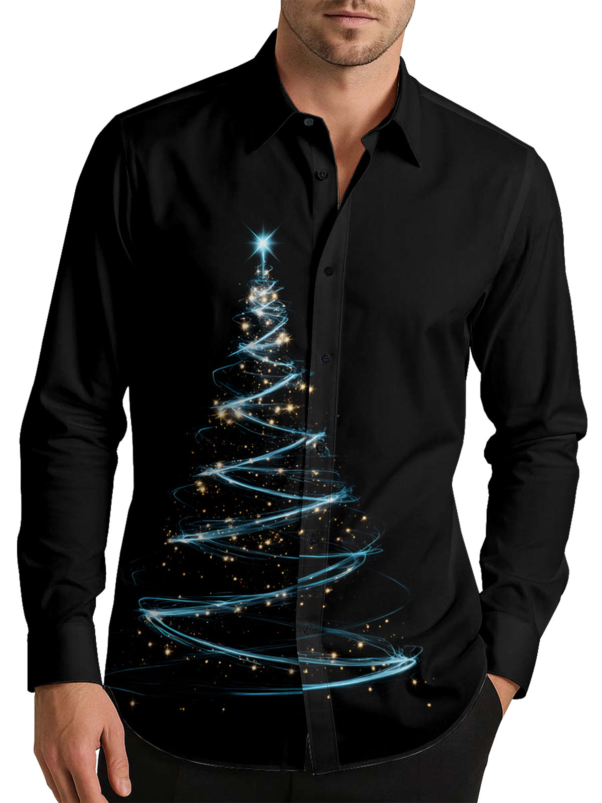 Glitter Blue Christmas Tree Men's Shirt Long Sleeve Button Up Shirt