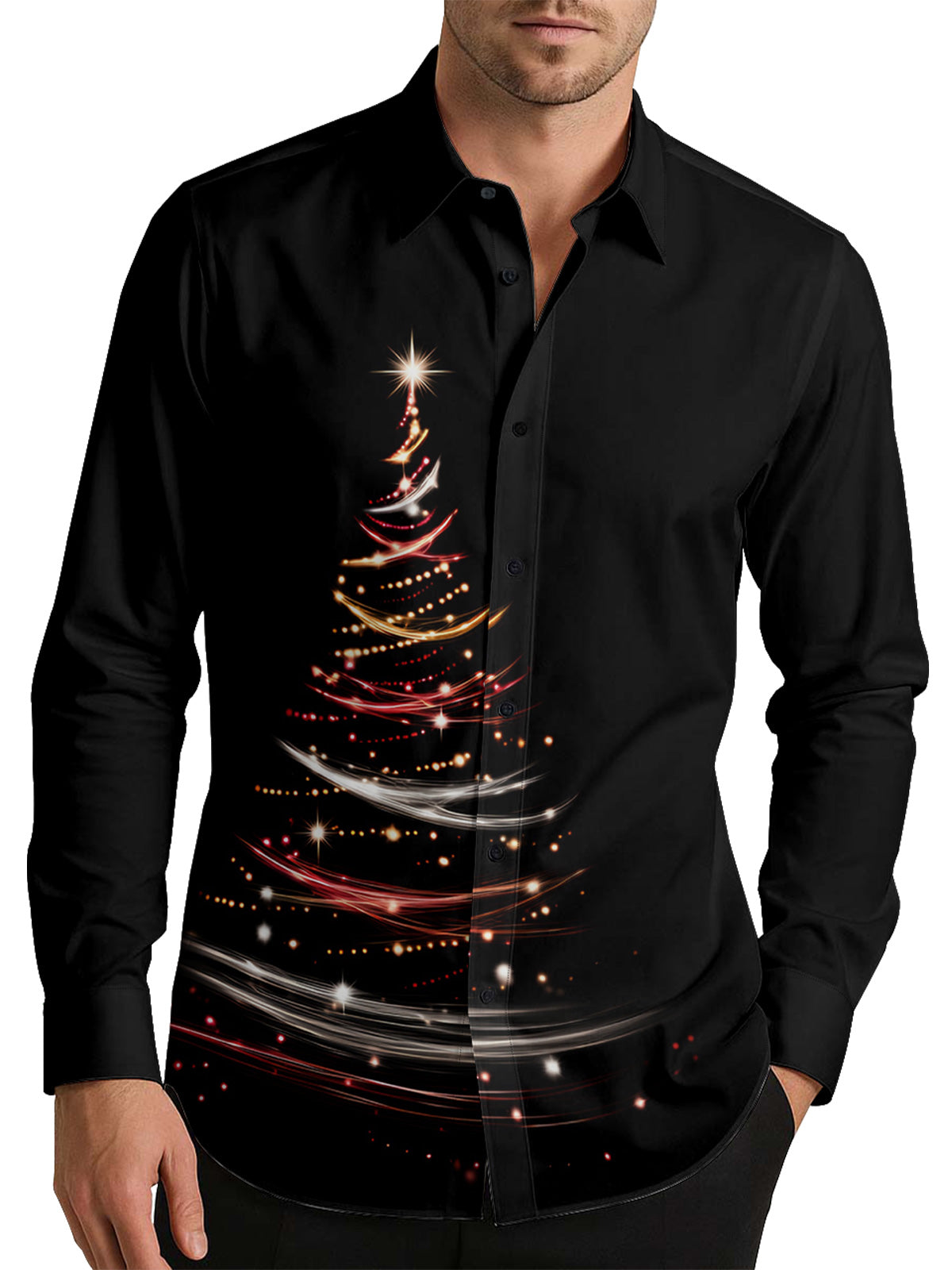 Glitter Gold Christmas Tree Men's Shirt Long Sleeve Button Up Shirt