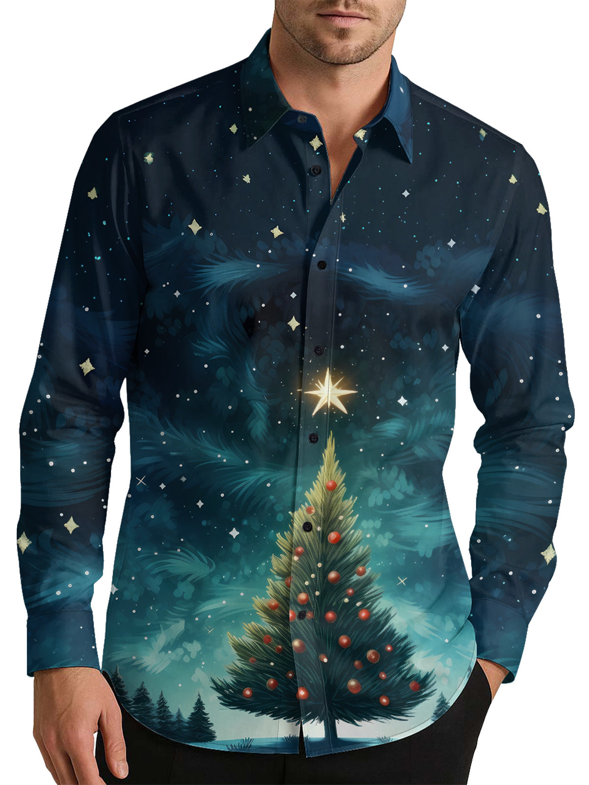 Christmas Tree Star Men's Shirt Long Sleeve Button Up Shirt