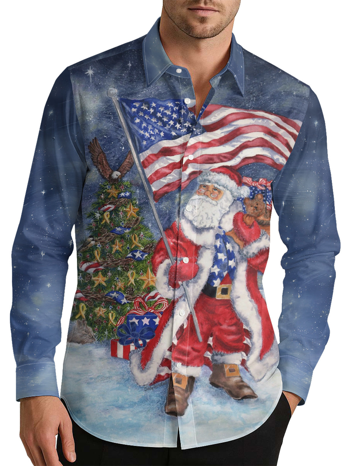 Christmas American Flag Men's Shirt Long Sleeve Button Up Shirt