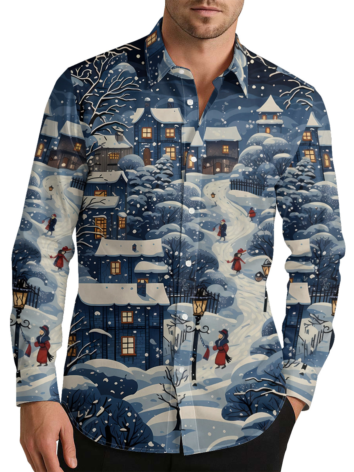 Snowflake Village Men's Shirt Long Sleeve Button Up Shirt