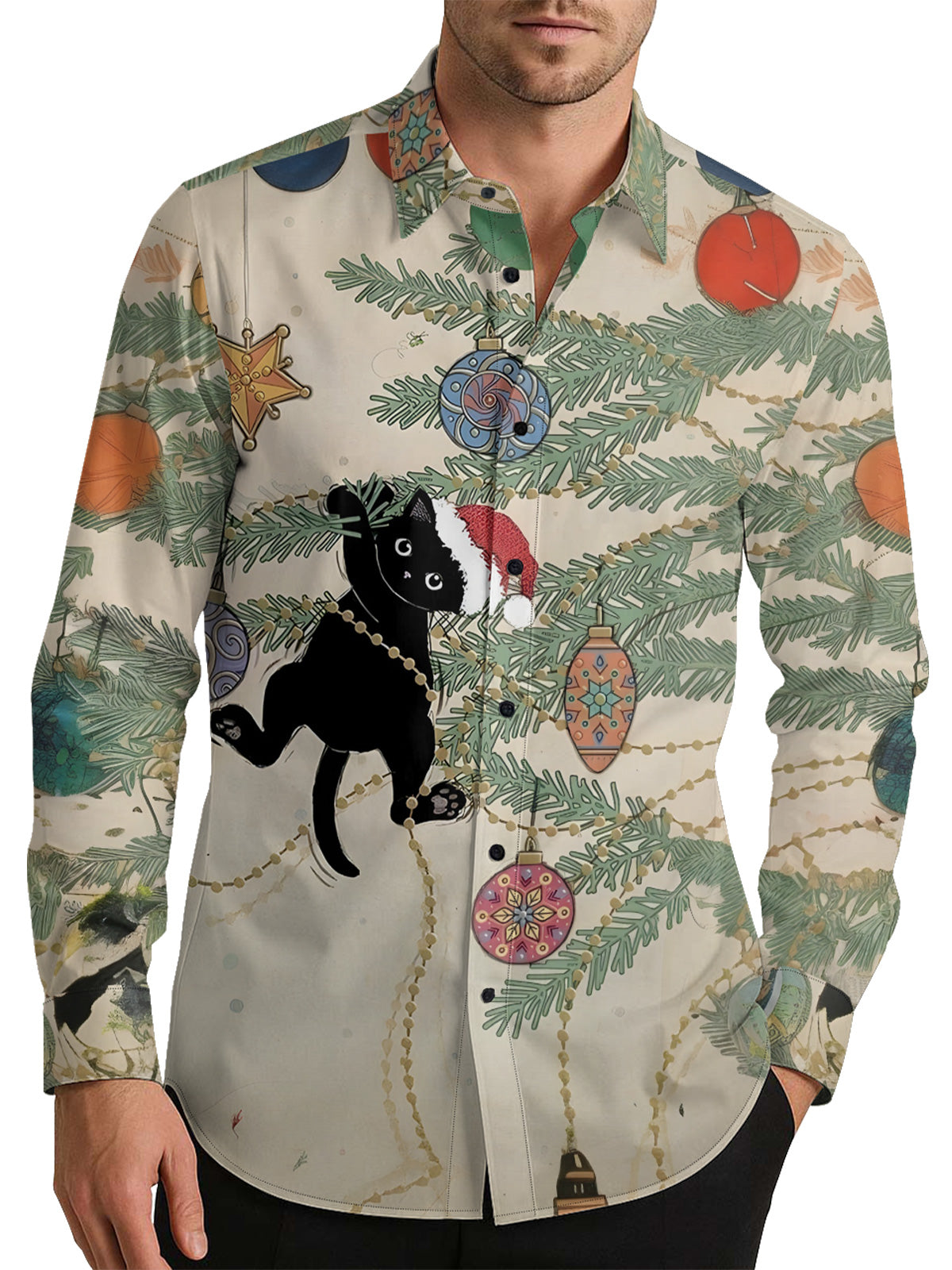 Christmas Cat and Tree Men's Shirt Long Sleeve Button Up Shirt