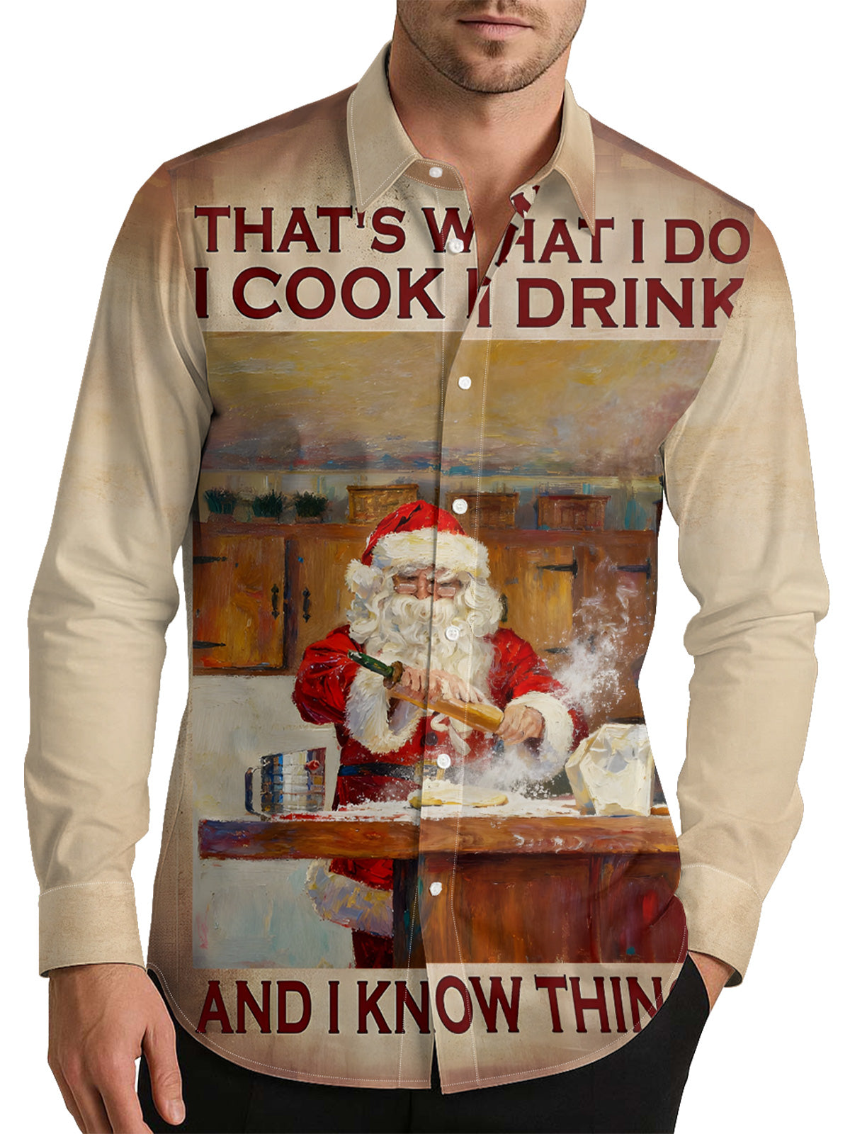 Santa Claus Cook and Drink Men's Shirt Long Sleeve Button Up Shirt