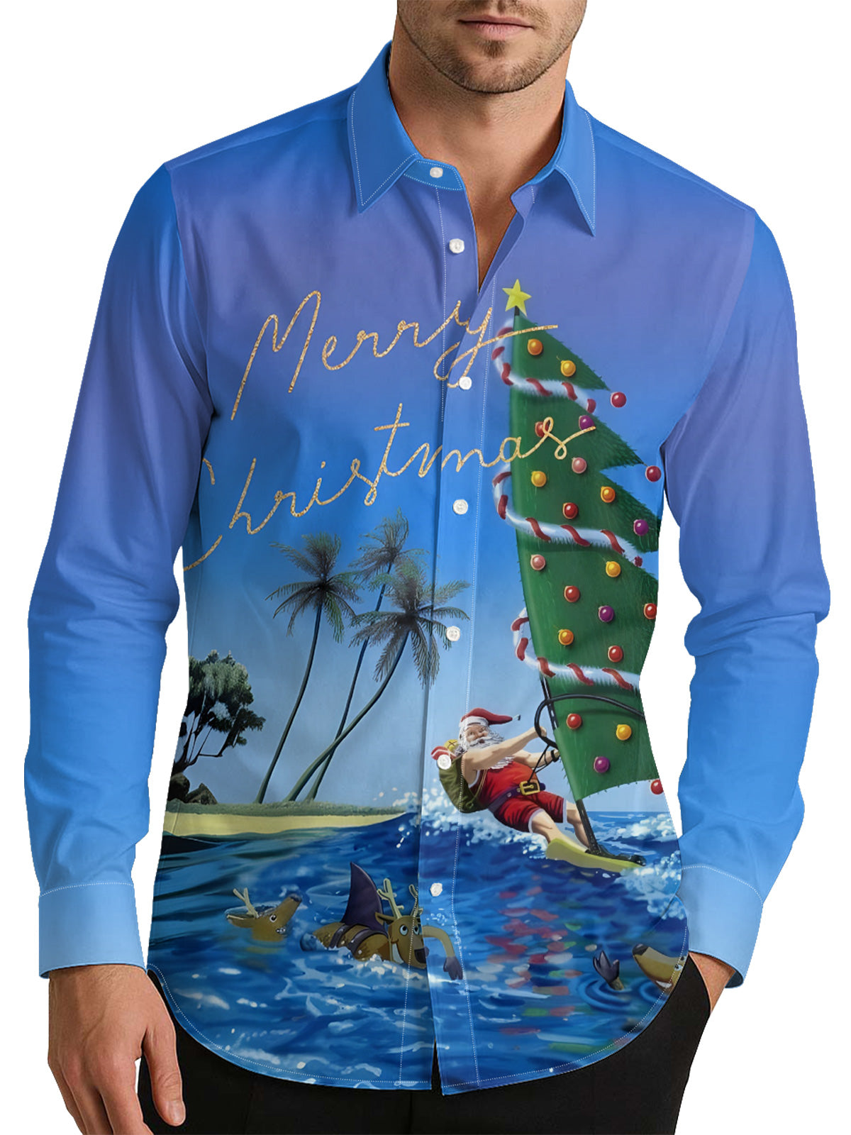 Santa Claus Surfing Christmas Men's Shirt Long Sleeve Button Up Shirt