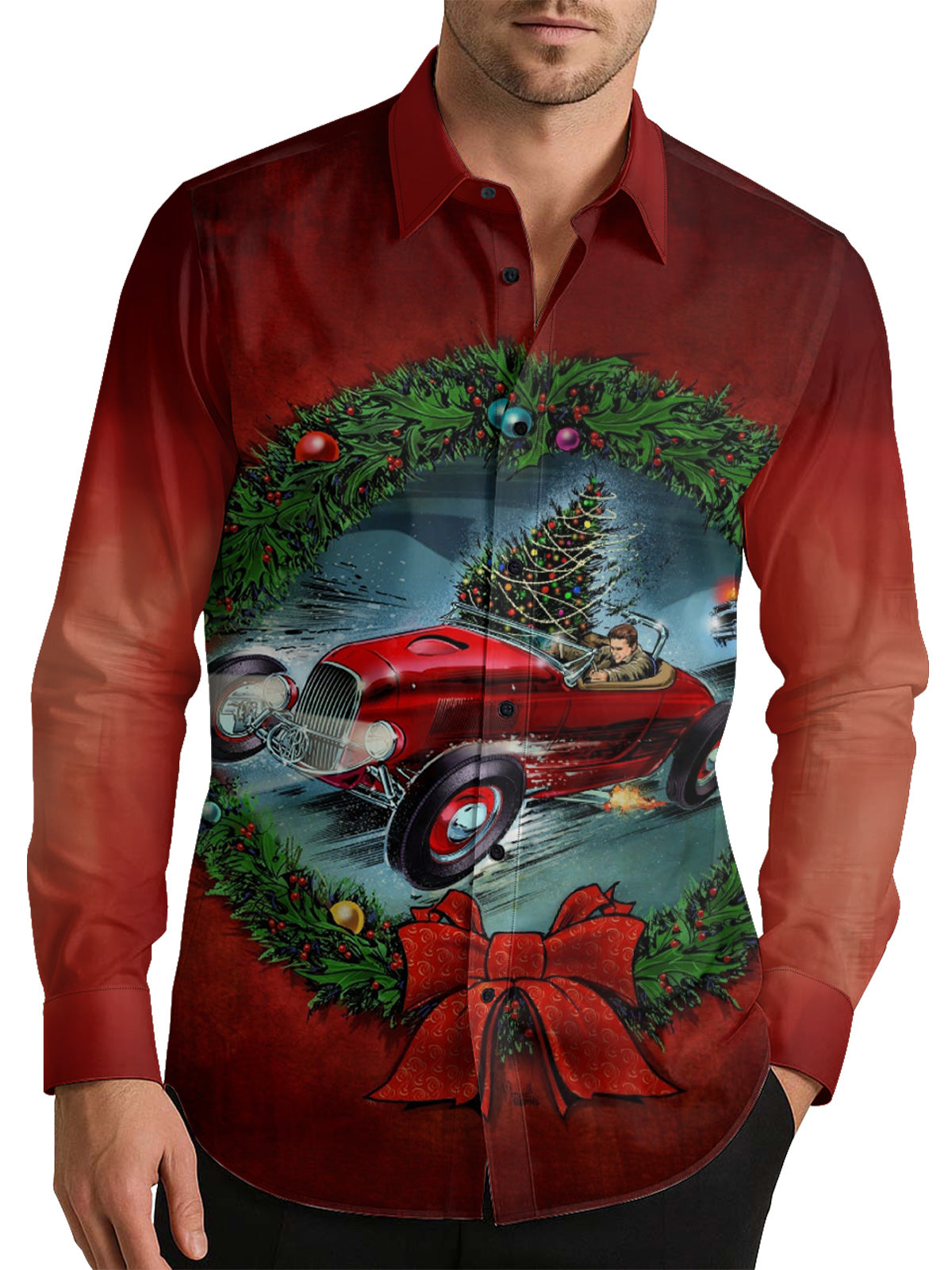 Vintage Hot Rod Art Christmas Men's Shirt Long Sleeve Button Up Shirt