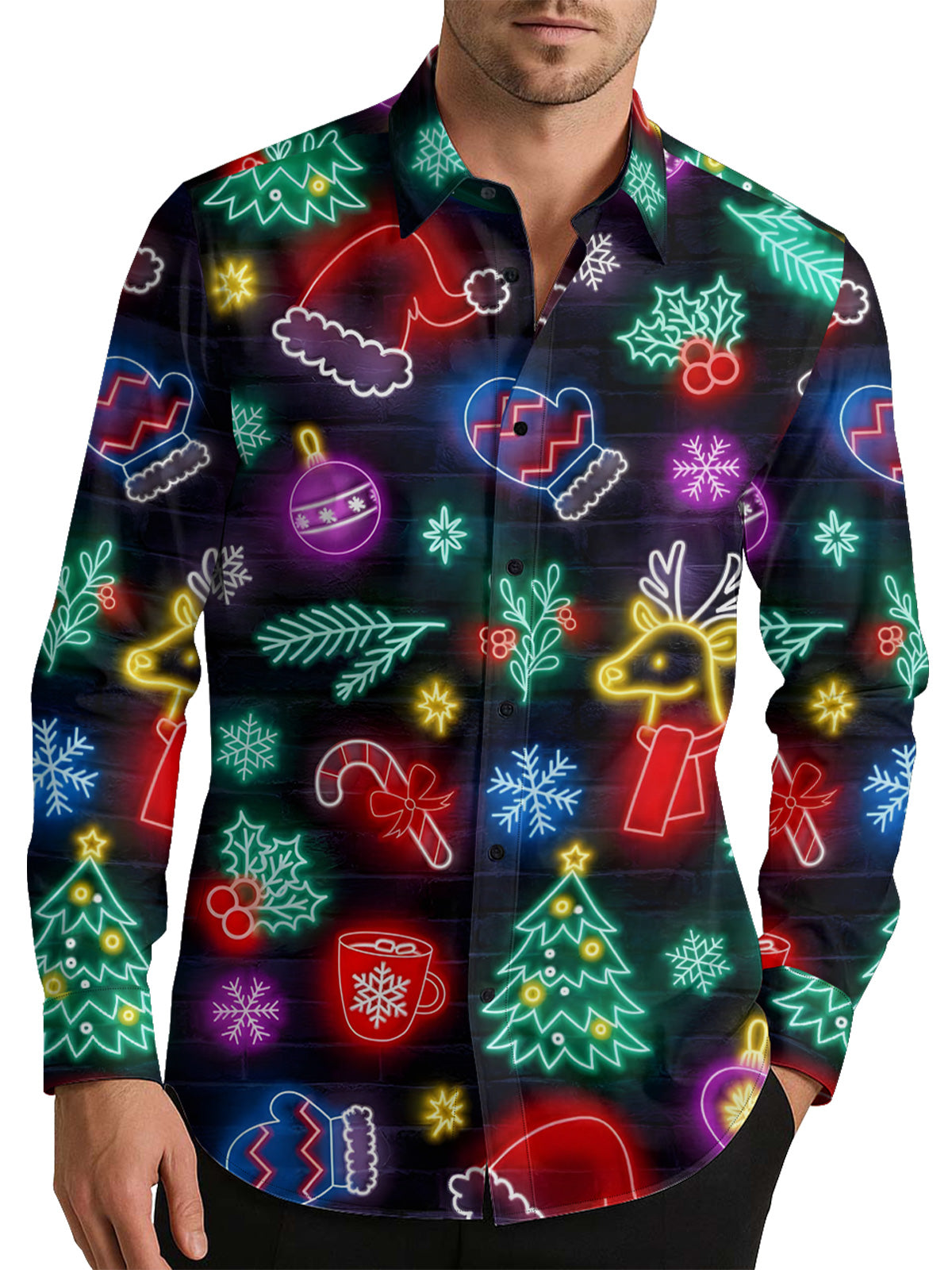 Neon Christmas Elements Men's Shirt Long Sleeve Button Up Shirt
