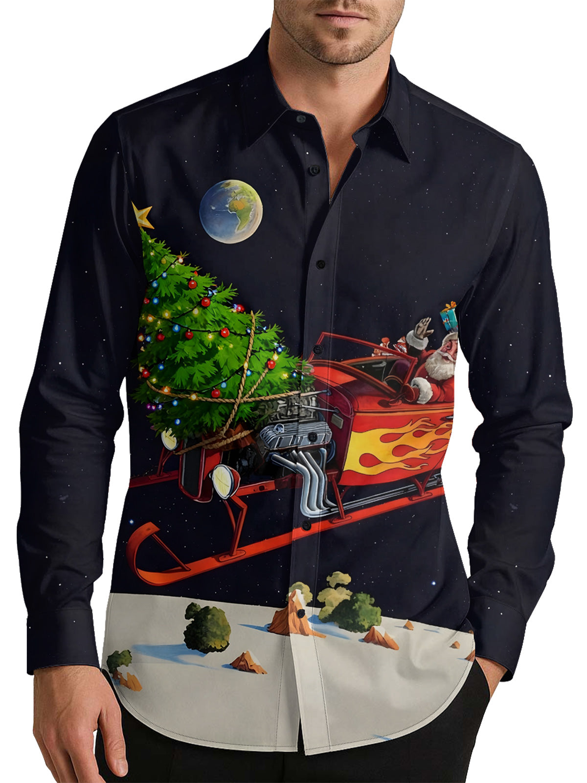 Santa's Cosmic Hot Rod Men's Shirt Long Sleeve Button Up Shirt