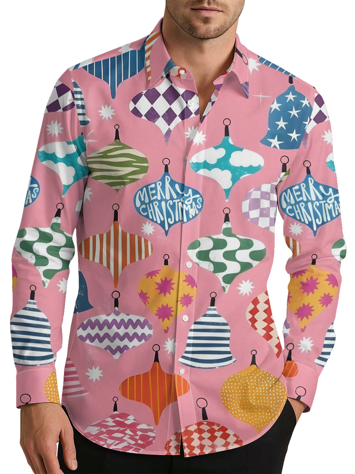 Christmas Baubles Pink Men's Shirt Long Sleeve Button Up Shirt