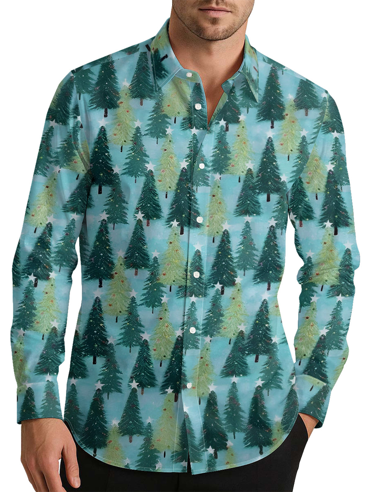 Christmas Tree Forest Men's Shirt Long Sleeve Button Up Shirt