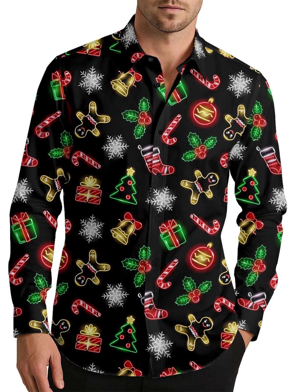 Neon Snowflakes Christmas Men's Shirt Long Sleeve Button Up Shirt