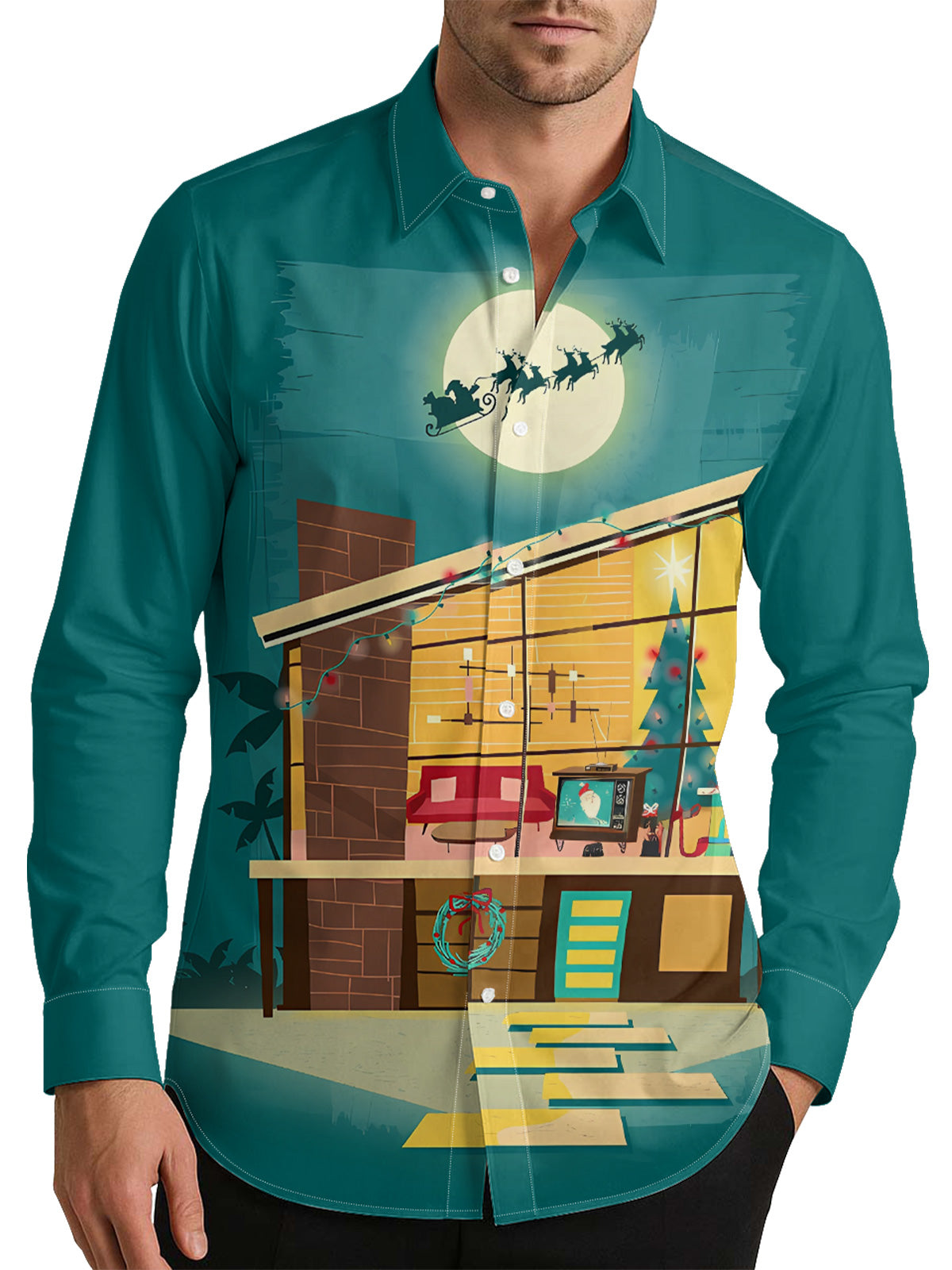 Christmas Retro Mid-century Home Men's Shirt Long Sleeve Button Up Shirt