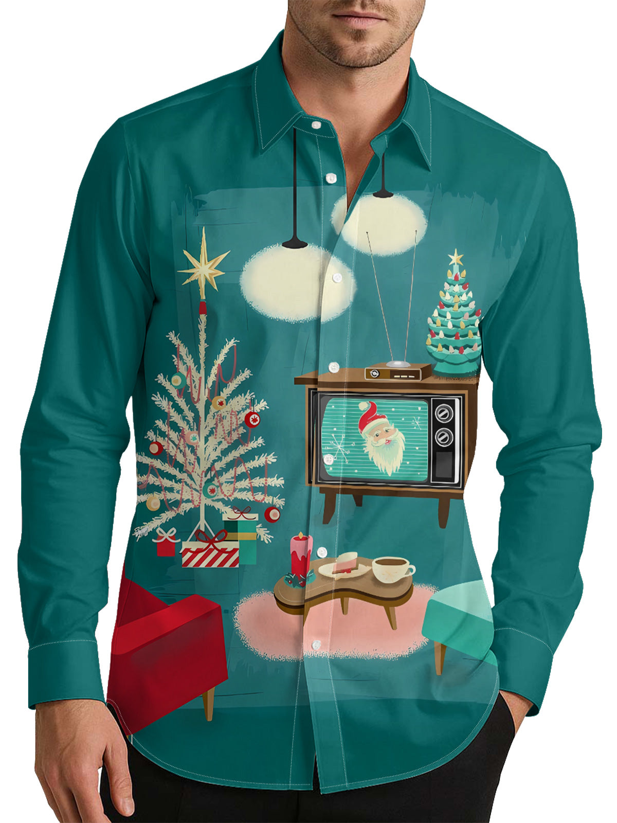 Vintage TV Christmas 50s Style Men's Shirt Long Sleeve Button Up Shirt