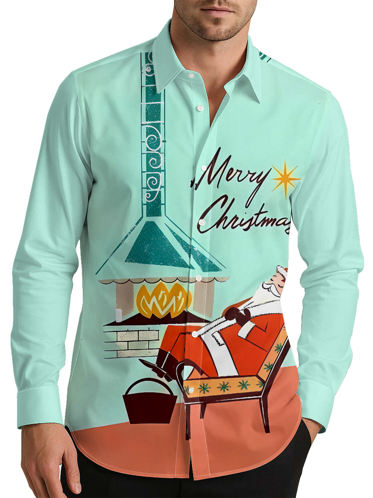 50s Style Retro Santa Claus Christmas Men's Shirt Long Sleeve Button Up Shirt
