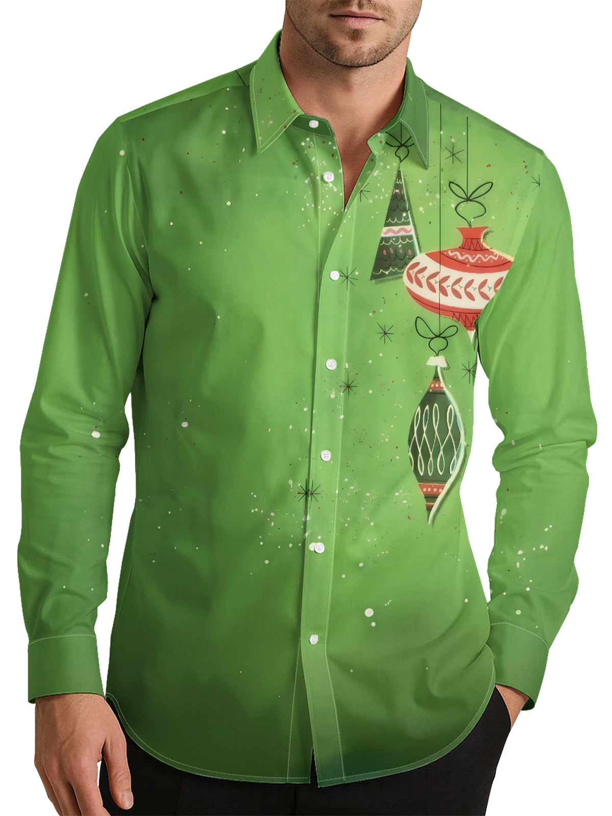 Retro Art Green Christmas Baubles Men's Shirt Long Sleeve Button Up Shirt