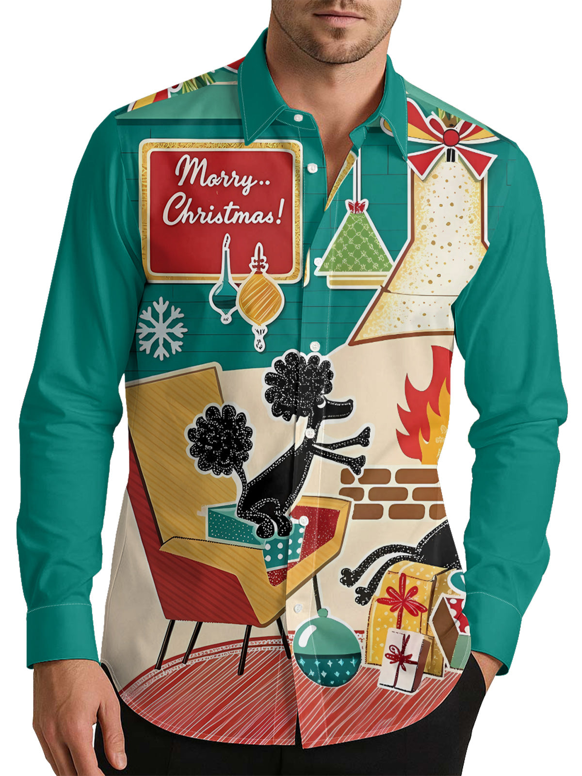 Mid-century Modern Christmas Holiday Men's Shirt Long Sleeve Button Up Shirt